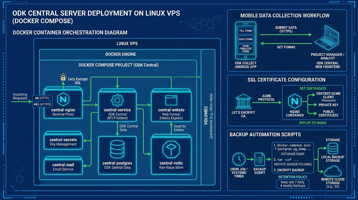 ODK Central Self-Hosted Deployment on Linux VPS: Docker Compose Setup, SSL, and Backup Automation Guide